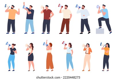 People with loudspeakers. Public relations, public marketing. PR agencies of promotion and popularization. Vector illustration