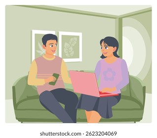 People lounging on a sofa while engaging with a laptop, discussing and enjoying an interactive moment indoors. People surfing internet concept. Flat vector illustration