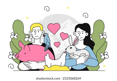 People with love for animals. Man with pig and parrot, and woman with rabbit and chicken. Activists and volunteers with domestic animals. Linear vector illustration isolated on white background