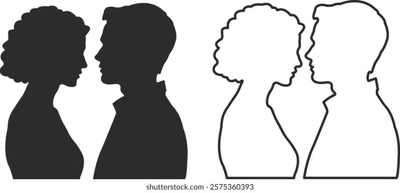 People in love, boy and girl, silhouette and lines, black icons, couple, husband and wife.