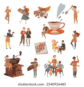 People Love Coffee Enjoy Brewed Aromatic Drink Big Vector Set