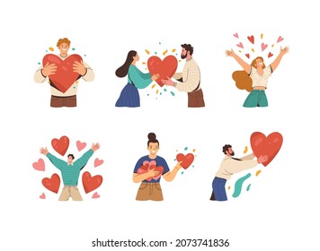 Colección People In Love. Dibujo vectorial plano ilustrativo de la diversidad de jóvenes caricaturistas en diferentes acciones de felicidad y amor compartido. Aislado sobre blanco