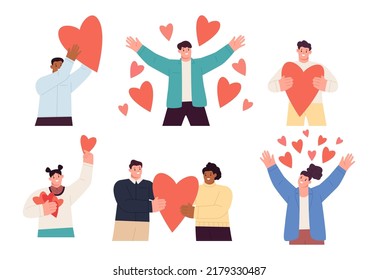 People in love collection. Vector cartoon flat illustration of diverse young people in different actions of happiness, falling in love and love sharing. Vector illustration
