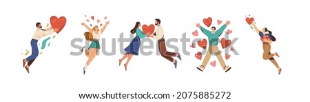 
People in love collection. Vector cartoon flat illustration of diverse cartoon young people in different actions of happiness, falling in love and love sharing. Isolated on white background.