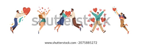 
People in love collection. Vector cartoon
flat illustration of diverse cartoon young people in different
actions of happiness, falling in love and love sharing. Isolated on
white background.