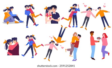 People in love collection. Vector colorful cartoon flat illustration of diverse cartoon young people in different actions of happiness, falling in love and love sharing. Isolated on white background