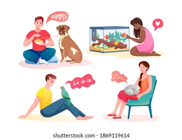 People love and communicate with own animal pet vector illustration. Cartoon owner characters feeding, hugging and communicating with dog, cat, parrot and fishes, best pet friends isolated on white