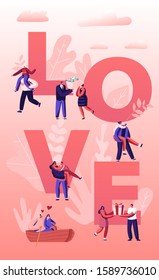 People in Love Concept. Happy Couples in Relations Walking, Having Fun Together, Floating on Boat, Giving Gifts to Each Other. Romance Poster Banner Flyer Brochure. Cartoon Flat Vector Illustration