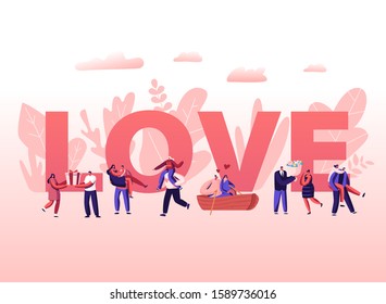 People in Love Concept. Happy Couples in Relations Walking, Having Fun Together, Floating on Boat, Giving Gifts to Each Other. Romance Poster Banner Flyer Brochure. Cartoon Flat Vector Illustration