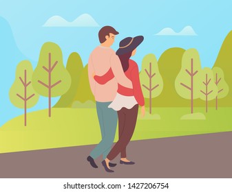 People in love cuddling and walking vector, boyfriend and girlfriend having calm and relaxing weekend on nature, trees and greenery of tranquil park