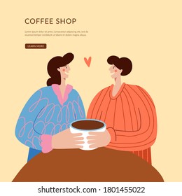 People in love drink coffee from one mug. Coffee shop landing page for small business. Homepage website layout design concept.