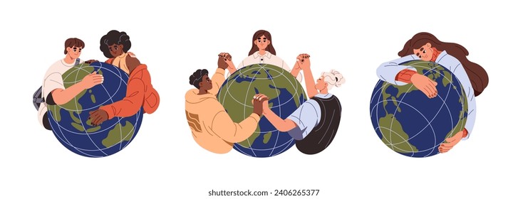 People love earth set. Kids hold on hands, hug green globe. Girls, boys save, protect planet together. Young characters care about ecology, environment. Flat isolated vector illustration on white