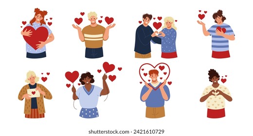 People in love. Lovers holding red hearts in hand. Charity volunteer help. Couple romance feeling. Care and support share. Solidarity concept. Romantic relationship. Happy men and women vector set