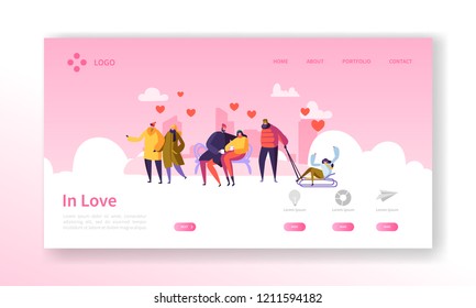 People in Love on Winter Season Landing Page. Valentines Day Banner with Flat Characters and Hearts. Website Template Easy Edit and Customize. Vector illustration