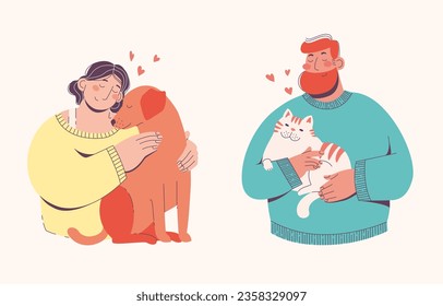  People love own pets concept. Woman hugging a dog. Man holding a cat