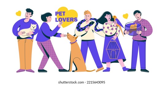 People Love Own Pets. Happy Young Man And Woman Playing, Hugging Domestic Animal Friends. Characters Take Care Of Dog, Cat, Parrot, Snake And Fish. Animal Lovers Concept.