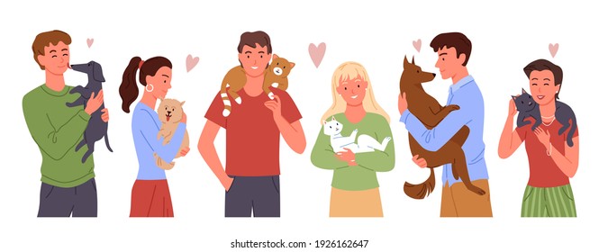 People love own pets vector illustration set. Cartoon happy young man woman playing, hugging domestic animal friends, pet owner characters loving and holding cute dog cat in hands isolated on white