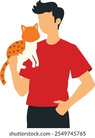 A las Personas les encanta su propio conjunto de Ilustración vectorial para mascotas. Hombre joven feliz de la historieta que juega, abrazando a los amigos animales domésticos, personajes del dueño de la mascota que aman y que sostienen al gato lindo del perro en manos aisladas en blanco