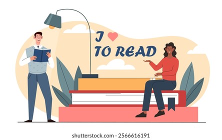 People love to read. Man and woman next to stack of books. Love of reading and literature. Hobbies and leisure. Education, learning and training. Fiction and textbook. Flat vector illustration