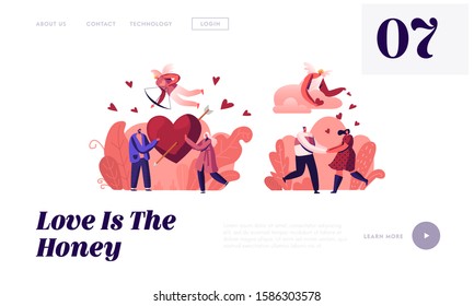 People in Love and Romantic Relationship Website Landing Page. Couples on Date Hold Red Heart with Arrow. Cupid with Bow Flying in Sky. Romance Dating Web Page Banner. Cartoon Flat Vector Illustration