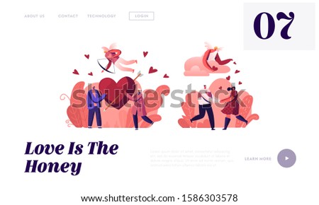 People in Love and Romantic Relationship Website Landing Page. Couples on Date Hold Red Heart with Arrow. Cupid with Bow Flying in Sky. Romance Dating Web Page Banner. Cartoon Flat Vector Illustration