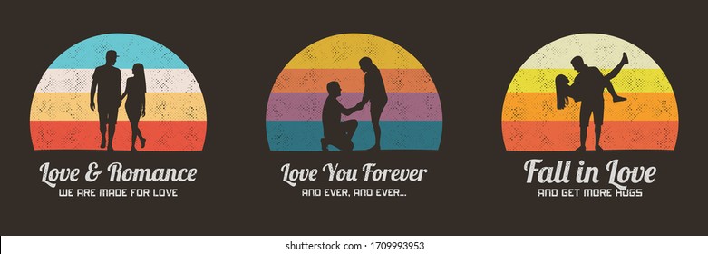 People in love. Set of retro illustrations with silhouettes of lovers. Romantic marriage proposal. Guy carry girl, couple holding hands. Vector backgrounds for prints, t-shirts