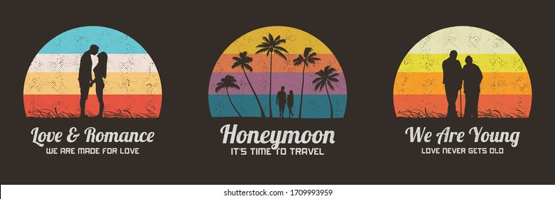 People in love. Set of retro illustrations with silhouettes of lovers. Date and walk on palm beach. Romantic vector backgrounds for prints, t-shirts