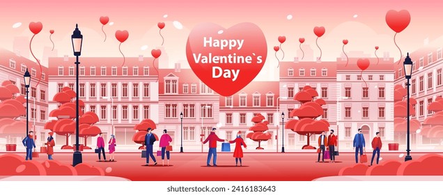 people in love with shopping bags walking city street happy valentines day celebration concept cityscape background