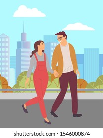 People in love spending weekends outdoors in city park. Boyfriend and girlfriend holding hands and walking at street of park. Cityscape with skyscrapers and nature. Autumn season in town vector