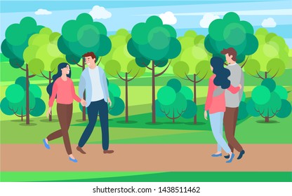 People in love and summer season, man and woman walking in spring park among green trees and bushes. Couple in casual cloth spend time together outdoors