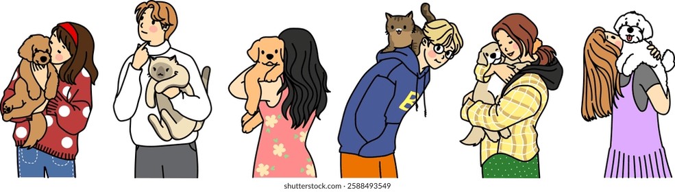 People love their cats dogs, and puppies isolated on a white background. Happy domestic animal owners hug pet vector flat illustration