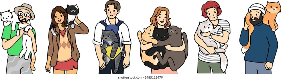People love their cats isolated on a white background. Happy domestic animal owners hug cats vector flat illustration