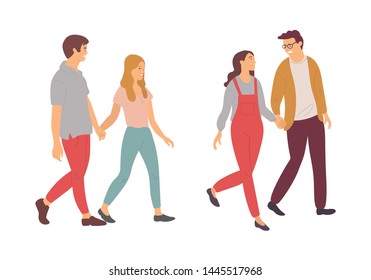 People in love vector, man and woman adults and teenagers on date isolated couples double date. Married male and female holding hands and walking