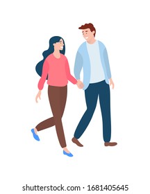 People in love walking and holding hands vector, isolated adults looking at each other and smiling, man and woman on date, boyfriend and girlfriend