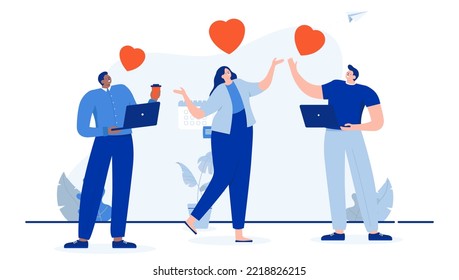 People love work - Three businesspeople loving job and workplace, smiling and cheering with red hearts. Flat design cartoon illustration with white background