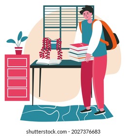 People lovers of literature with books scene concept. Man holding stack of books, student in library. Learning, hobbies and leisure people activities. Vector illustration of characters in flat design