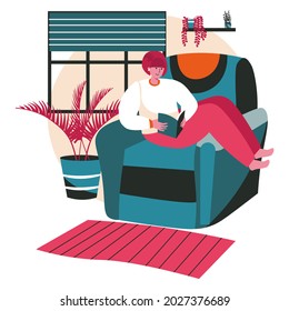 People lovers of literature with books scene concept. Woman reads book sitting in cozy chair at home. Learning, hobbies and leisure people activities. Vector illustration of characters in flat design
