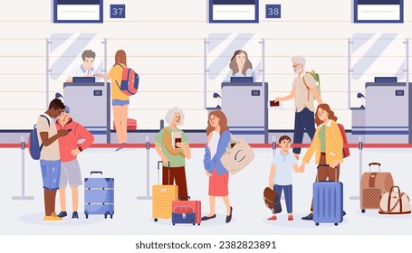 People with luggage at airport check-in counters. Terminal desks during registration for flight. Passenger control airline staff checking tickets, passports, boarding passes and baggage. Flat vector