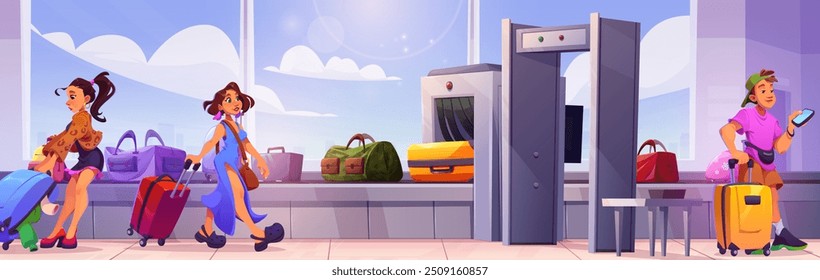 People with luggage in airport terminal. Vector cartoon illustration of male and female tourists carrying suitcases, waiting for flight arrival or departure, vacation travel, booking website banner