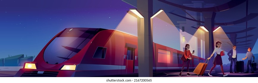 People with luggage on railway station platform at night. Vector cartoon illustration of city landscape with station in electric lamp light, speed train on rails and passengers with suitcases