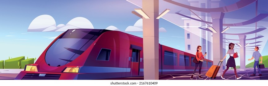 Personen mit Gepäck auf Bahnhofsbahnsteig. Vektorkartoon-Illustration der sommerlichen Stadtlandschaft mit Bahnstation, Hochgeschwindigkeitszug auf Schienen und Passagieren mit Koffer