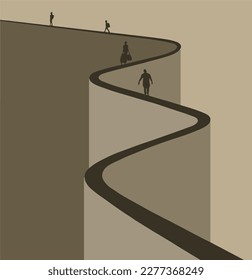 People with luggage are seen walking away on a winding path in an isolated illustration