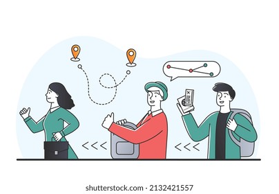 People with luggage. Tourists at airport, characters go on vacation. Travel and adventure, guys with tickets and girl with bag. Concept of social distance indoor. Cartoon flat vector illustration