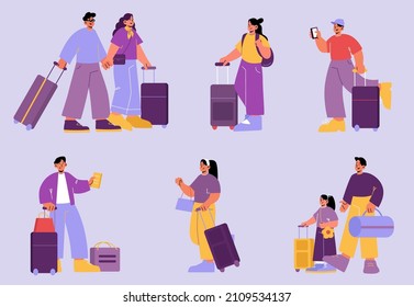 People with luggage, tourists travel with bags. Set of male and female characters traveling. Family couple, parent with kid, happy men and women walk with baggage, Line art flat vector illustration