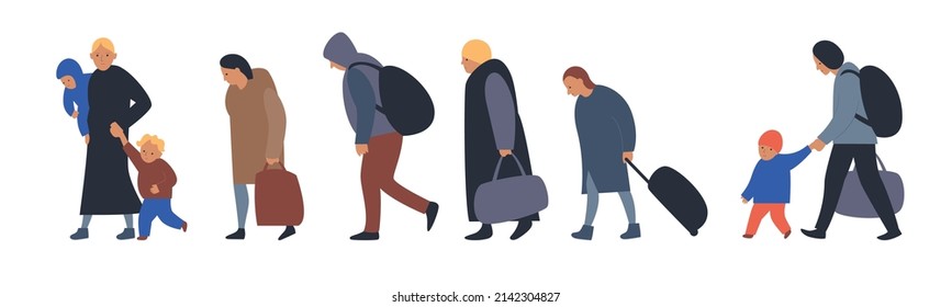 People with luggage.  Vector isolated illustration. Refugees and immigrants concept