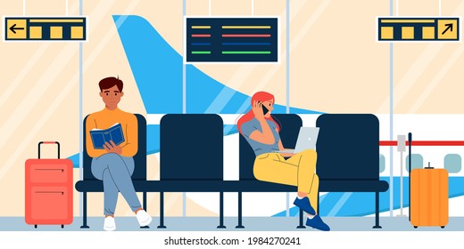 People with luggage waiting to board the plane are sitting in the airport terminal. International airport terminal,waiting hall. Terminal hall with people, large window and information panels. Vector 