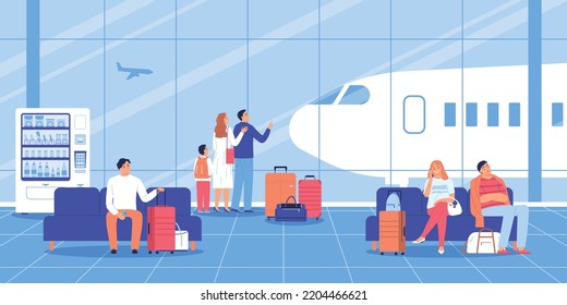 People with luggage waiting and looking at planes at airport departure lounge flat vector illustration