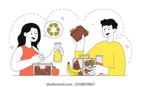 Pessoas com lancheira. Menino e menina com recipiente com comer. Sanduíche, suco, banana e maçã. Escolas com legumes. Ilustração de vetor linear isolada no plano de fundo branco