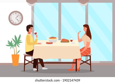 People at lunch in Italian style. Couple on a date in a theme restaurant eats pasta and meat steak. Man and woman communicating at dining table vector illustration. Characters taste traditional food