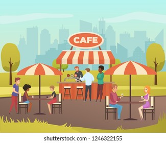 People Lunching and Drinking Beverages in Street Cafe or Fast Food Bar in City Park Flat Vector. Summer Outdoor Restaurant with Bar Counter under Canopy and Tables with Umbrellas. Small Local Business